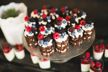 Delicious sweets on wedding candy buffet with desserts, cupcakes