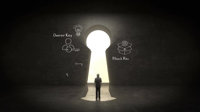 Businessman standing in front of Keyhole, Chalk drawing 'BLOCK CHAIN' with various technology icon in black wall. 4k movie.