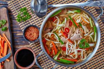 duck noodle vegetables soup in a metal casserole