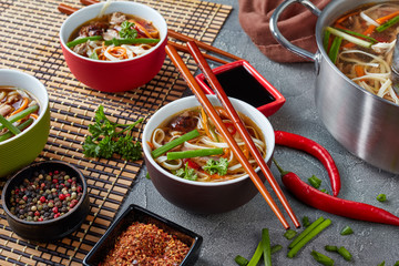 duck udon noodle vegetables soup, close-up