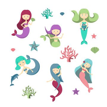 Cartoon Color Characters Mermaids Girls Set. Vector