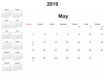 2019 monthly calendar with white background.