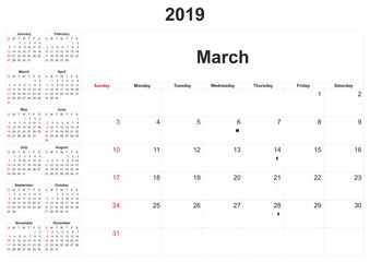 2019 monthly calendar with white background.