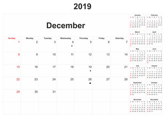 2019 monthly calendar with white background.