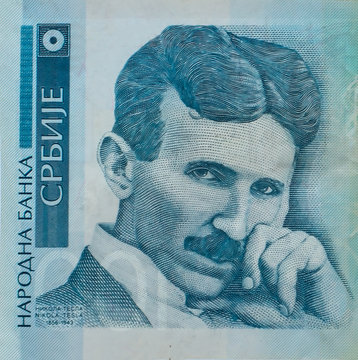 World famous inventor Nikola Tesla portrait close up on 100 dinars serbian banknote