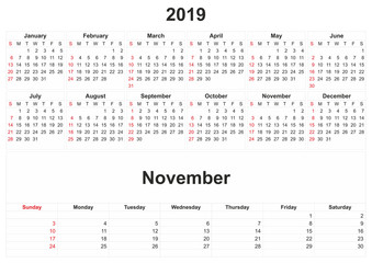 2019 monthly calendar with white background.