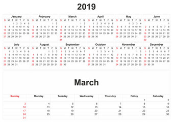 2019 monthly calendar with white background.