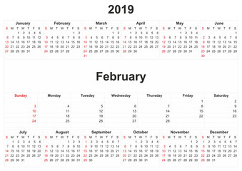 2019 monthly calendar with white background.
