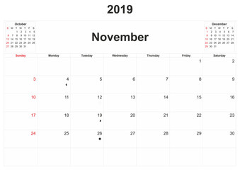 2019 monthly calendar with white background.