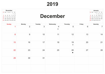 2019 monthly calendar with white background.