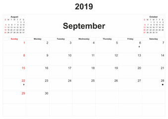 2019 monthly calendar with white background.