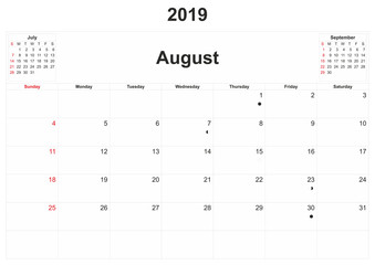 2019 monthly calendar with white background.