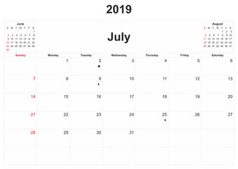 2019 monthly calendar with white background.