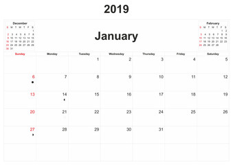 2019 monthly calendar with white background.