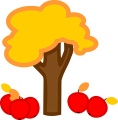 Cartoon apple tree with yellowed leaves and ripe red apples that fell on the ground