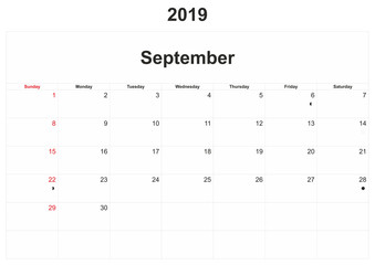 2019 monthly calendar with white background.
