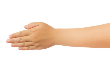 Human hand in reach out one's hand and showing 5 fingers gesture isolate on white background with...