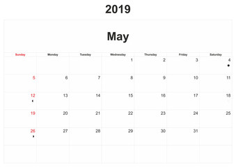 2019 monthly calendar with white background.