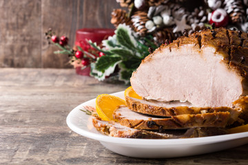 Tradicional homemade honey Glazed Ham for holidays. Copyspace