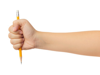Human hand in reach out one's hand and holding yellow pencil gesture isolate on white background with clipping path, Low contrast for retouch or graphic design