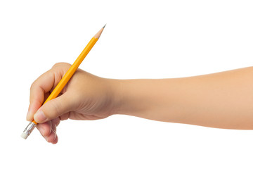 Human hand in reach out one's hand and deleting by yellow pencil gesture isolate on white background with clipping path, Low contrast for retouch or graphic design