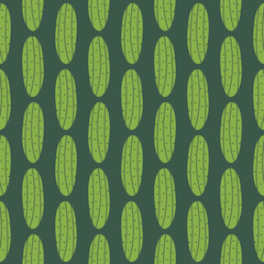 Whole green cucumbers, pickles cartoon vector seamless pattern background.