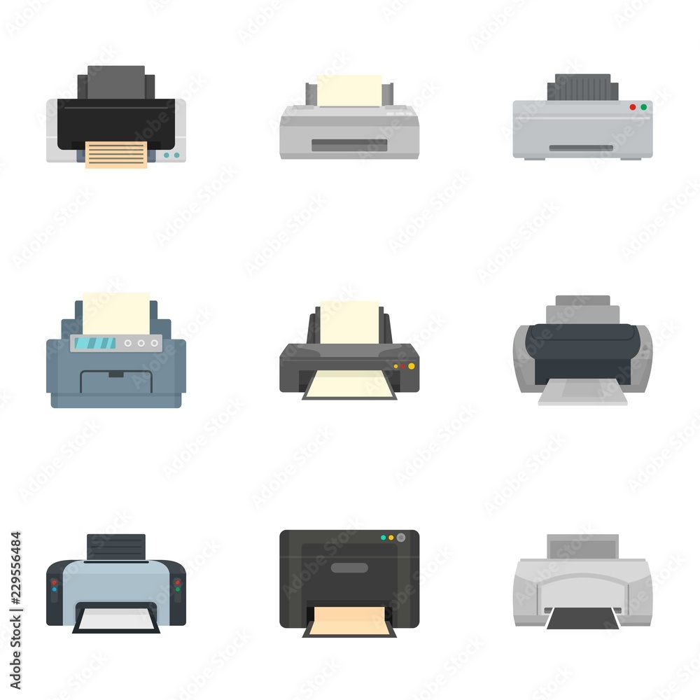 Poster home printer icon set. flat set of 9 home printer vector icons for web design
