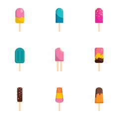 Stick ice cream icon set. Flat set of 9 stick ice cream vector icons for web design