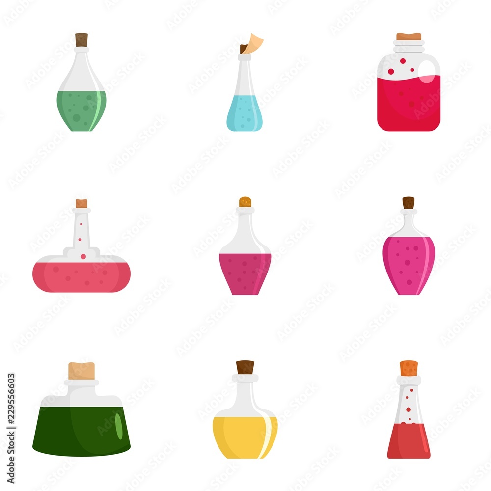 Poster elixir potion icon set. flat set of 9 elixir potion vector icons for web design