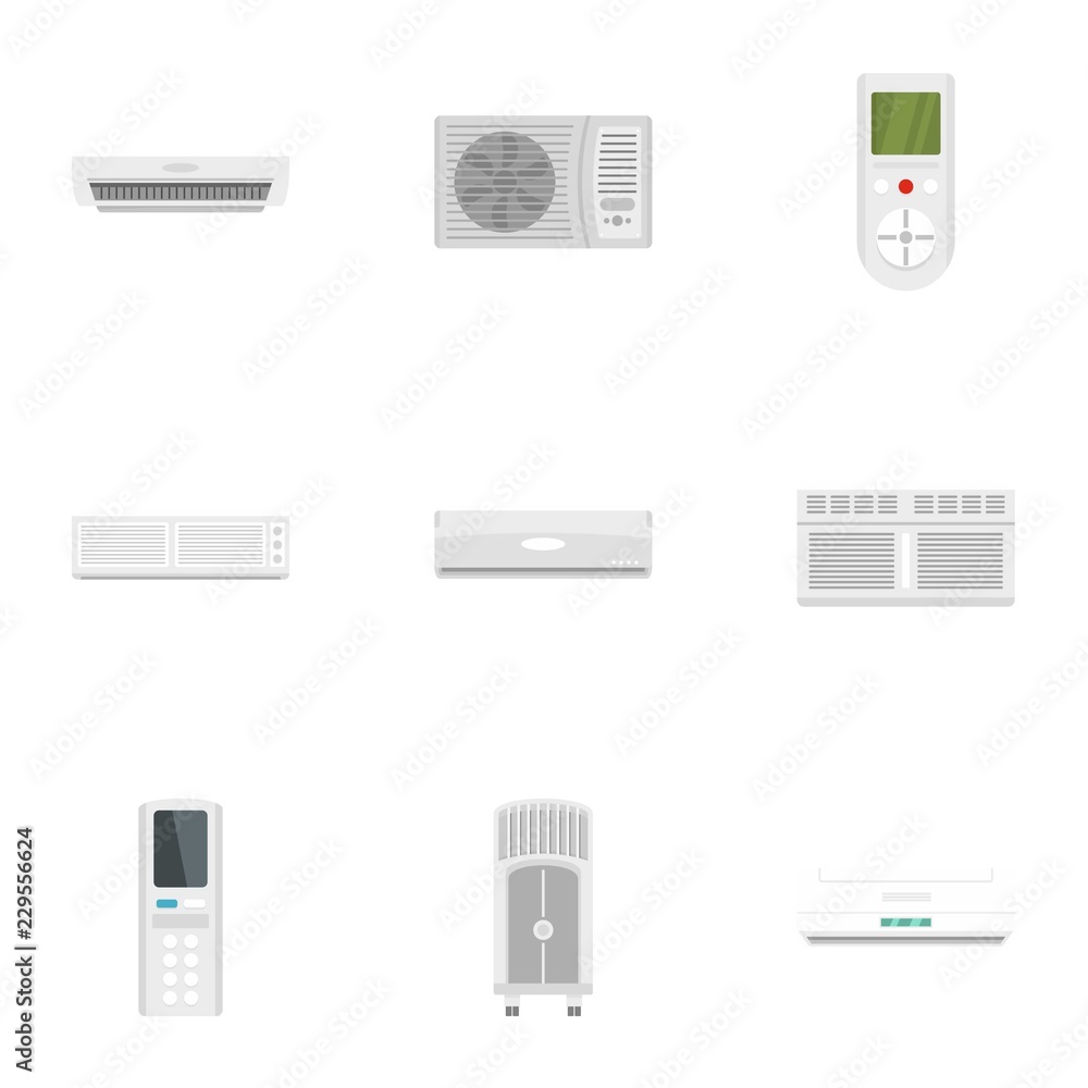Poster office conditioner icon set. flat set of 9 office conditioner vector icons for web design