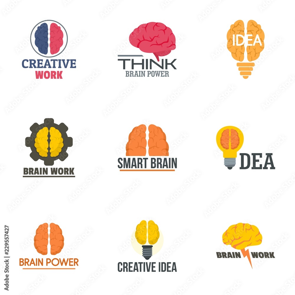 Poster brain concept logo set. flat set of 9 brain concept vector logo for web design