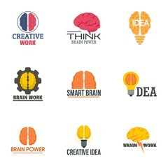 Brain concept logo set. Flat set of 9 brain concept vector logo for web design