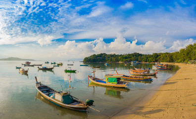 aerial view sunrise above Rawai gulf. Rawai beach is located at the end of Phuket Island..There is a pier for visitors to the islands in Andaman sea