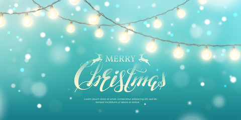 Vector horizontal banner with border of realistic light garlands, text “Merry Christmas” and snowfall. Festive marine blue background with shiny glowing bulbs, lettering and snow for design of flyers.