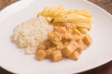 Vegan Stroganoff with Palm Heart, rice and fries