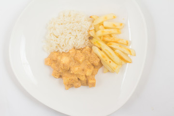 Vegan Stroganoff with Palm Heart, rice and fries
