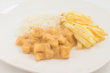 Vegan Stroganoff with Palm Heart, rice and fries