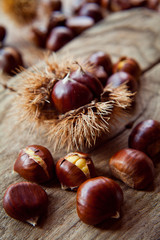 Sweet Chestnuts nuts in spiky shells and roasted cracked as a delicious snack and traditional meal...