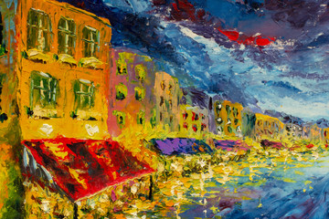 Night landscape to Grand Canal in Night city Venice, Italy, palette knife painting by oil on canvas, impressionism illustration fine art