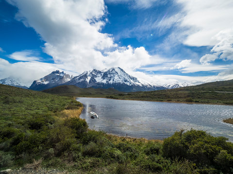 Chile, Patagonia, National Park Torres del Paine, Region Última Esperanza, and Chilean Antarctic, mountains Cerro Paine Grande and Torres del Paine, Laguna Amarga
