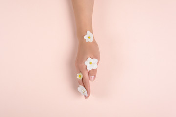 Hands with white flowers on pink background. Skin care concept. Top view. Copy space