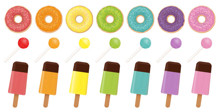 Sweets pattern. Colorful donuts, ice lollies and lollipops. Rainbow colored collection. Isolated vector illustration on white background.
