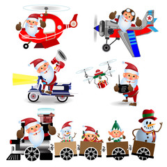 Merry Christmas and  Happy new year . Happy Santa Claus on the train Helicopter,airplane,scooter,control Drone character.