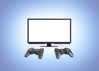 Multiplayer game concept on the console Illustration of two joysticks on TV with emty screen background 3d render on blue gradient