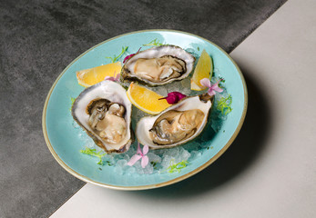 Oysters in ice with flowers and lemon on a blue plate