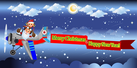 Merry Christmas and happy new years! Santa Claus on the airplane in the blue sky .  