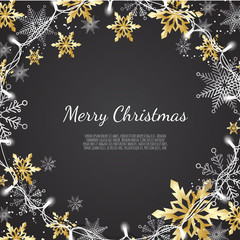 Merry Christmas and Happy New Year. Xmas background with Shining gold and silver Snowflakes. Greeting card, holiday banner.