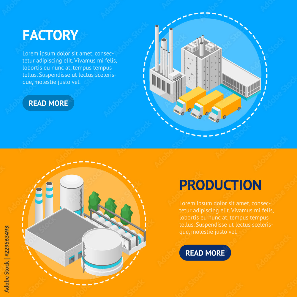 Poster factory concept banner horizontal set 3d isometric view. vector