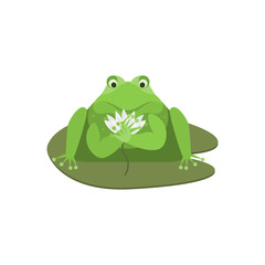 Cartoon Cute Green Frog Character with Flower. Vector