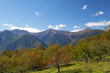 紅葉の夜叉神峠からの白根三山